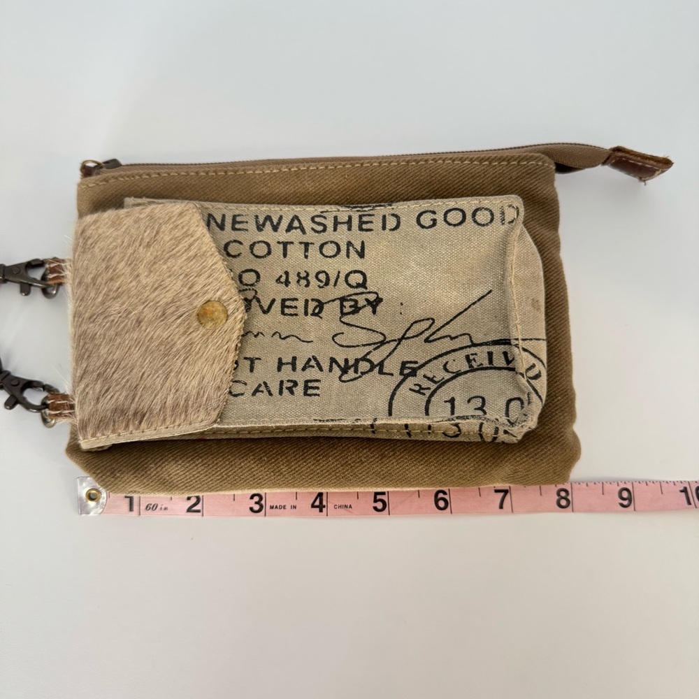 Myra Crossbody Bag Stamp Pocket Upcycled Canvas Country Cowhide Small Purse - Picture 14 of 15